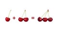 One cherry plus two cherries equals three cherries. Math banner Royalty Free Stock Photo