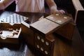 Jiant dominoes on the wooden table Royalty Free Stock Photo