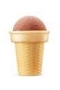 One chocolate brown ice cream scoop served on a crispy waffle cone isolated on white Royalty Free Stock Photo