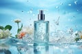 One clear cosmetics bottles stand on the glass countertop, a lot of water droplets, splash splashes, water flowing from the bottle Royalty Free Stock Photo