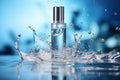 One clear cosmetics bottles stand on the glass countertop, a lot of water droplets, splash splashes, water flowing from the bottle Royalty Free Stock Photo