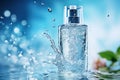 One clear cosmetics bottles stand on the glass countertop, a lot of water droplets, splash splashes, water flowing from the bottle Royalty Free Stock Photo