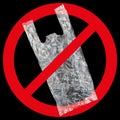 one clear plastic bag with red forbidden sign isolated on black Royalty Free Stock Photo