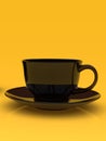 Single coffee cup, dark ceramic, on yellow background