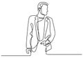 One continuous drawing line of handsome man wearing casual suit. Young male with men`s jacket or blazer ready to go in party.