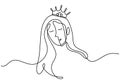 One continuous drawing line medieval historical european monarch princess queen. Beautiful queen with long hair and crown on head