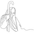 One continuous one drawn line art doodle of a spiritual Jesus Christ in a robe with a cane .Isolated image of a hand-drawn outline