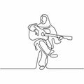 One continuous drawn line beautiful hijab girl playing acoustic guitar. Young muslimah woman playing guitar while sing a song. Royalty Free Stock Photo