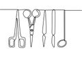 One continuous drawn line of medical instruments for dental examination. Tools for examining teeth. Dentistry concept. World oral