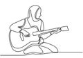 One continuous drawn line pretty hijab girl playing acoustic guitar at home vector illustration hand drawn minimalist design music Royalty Free Stock Photo