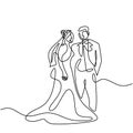 One continuous drawn line wedding. Characters of the bride and groom of the husband and wife are married isolated on white Royalty Free Stock Photo