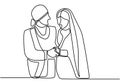 One continuous drawn line wedding drawn from the hand picture silhouette. Happy newly married couple holding hands. The characters