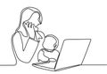 One continuous drawn line of a woman working in her home with a child on her hands painted by hand silhouette picture. Young