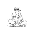 one continuous drawn line young girl reading a book hand-drawn picture silhouette vector design