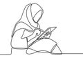 One continuous drawn line young muslimah girl sitting on the floor and using a digital tablet. Happy beautiful hijab girl playing