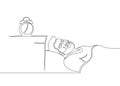 One continuous drawn single art line sketch character man sleeps waking up morning alarm clock Royalty Free Stock Photo