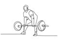 One continuous drawn weightlifter line drawn from the hand a picture of the silhouette. Young athlete muscular man lifting