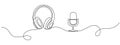 One continuous editable linear microphone and headphone template. Podcast, sound radio in line art style. Vector