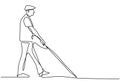 One continuous line art of a blind man is walking on the street with his stick. Young man was crossing the road with the help of