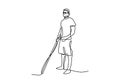 One continuous line art of a blind man is walking on the street with his stick. Young man was crossing the road with the help of