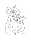 One continuous line art drawing minimalist woman portrait with flowers. Beauty contour abstract face poster wall art print design Royalty Free Stock Photo