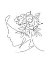 One continuous line art drawing minimalist woman portrait with flowers. Beauty contour abstract face poster wall art print design Royalty Free Stock Photo