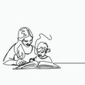 One continuous line art drawing with a mom teaching her baby kid by reading a book and telling story. Royalty Free Stock Photo