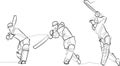 One continuous line cricket hitting in motion minimal vector