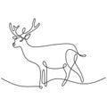 One continuous line design silhouette of deer. The reindeer standing in the field hand drawing line art on white background