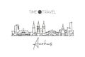 One continuous line drawing Aarhus city skyline, Denmark. Beautiful landmark home wall decor poster print. World landscape tourism