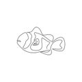 One continuous line drawing of adorable clown fish for sea water aquarium logo identity. Stripped anemonefish mascot concept for