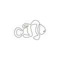 One continuous line drawing of adorable clown fish for sea water aquarium logo identity. Stripped anemonefish mascot concept for