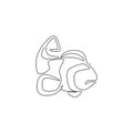 One continuous line drawing of adorable clown fish for sea world logo identity. Percula anemoneshow mascot concept for aquatic