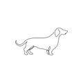 One continuous line drawing of adorable dachshund dog for logo identity. Purebred dog mascot concept for pedigree friendly pet