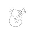 One continuous line drawing of adorable koala on tree for national zoo logo identity. Little bear from Australia mascot concept