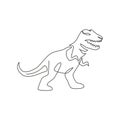 One continuous line drawing of aggressive t-rex prehistory animal for logo identity. Dinosaurs mascot concept for prehistoric