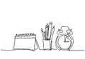 One continuous line drawing of alarm clock with book, pencil, pen, ruler, calendar, note on the desk. Back to school minimalist Royalty Free Stock Photo