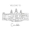 One continuous line drawing Angkor Wat Temples landmark. Iconic place in Siem Reap, Cambodia. Holiday vacation wall decor home art