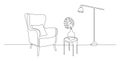 One continuous line drawing of armchair and lamp and potted plant. Modern loft cozy furniture for living room interior Royalty Free Stock Photo