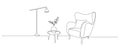 One continuous line drawing of armchair and lamp and potted plant. Modern rustic comfort furniture for living room Royalty Free Stock Photo