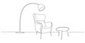 One continuous line drawing of armchair and lamp and potted plant. Modern rustic cozy furniture for living room interior Royalty Free Stock Photo