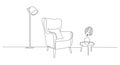 One continuous line drawing of armchair and lamp and potted plant. Modern rustic cozy furniture for living room interior Royalty Free Stock Photo