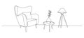 One continuous line drawing of armchair and lamp and potted plant. Modern rustic furniture for living room interior in Royalty Free Stock Photo