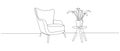 One continuous line drawing of armchair and lamp and potted plant. Modern rustic furniture for living room interior in Royalty Free Stock Photo