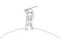 One continuous line drawing of astronaut golf training on moon surface, deep space galaxy. Spaceman healthy fitness sport concept Royalty Free Stock Photo