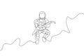 One continuous line drawing of astronaut with spacesuit playing electric guitar in galaxy universe. Outer space music concert
