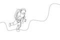 One continuous line drawing astronaut with spacesuit playing saxophone in galaxy universe. Outer space music concert and orchestra