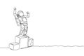 One continuous line drawing of astronaut standing on first place podium. Deep space galaxy. Spaceman healthy fitness sport concept