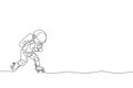 One continuous line drawing of astronaut using roller skates on moon surface, deep space galaxy. Spaceman healthy fitness sport