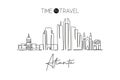 One continuous line drawing of Atlanta city skyline, USA. Beautiful landmark. World landscape tourism travel vacation poster print